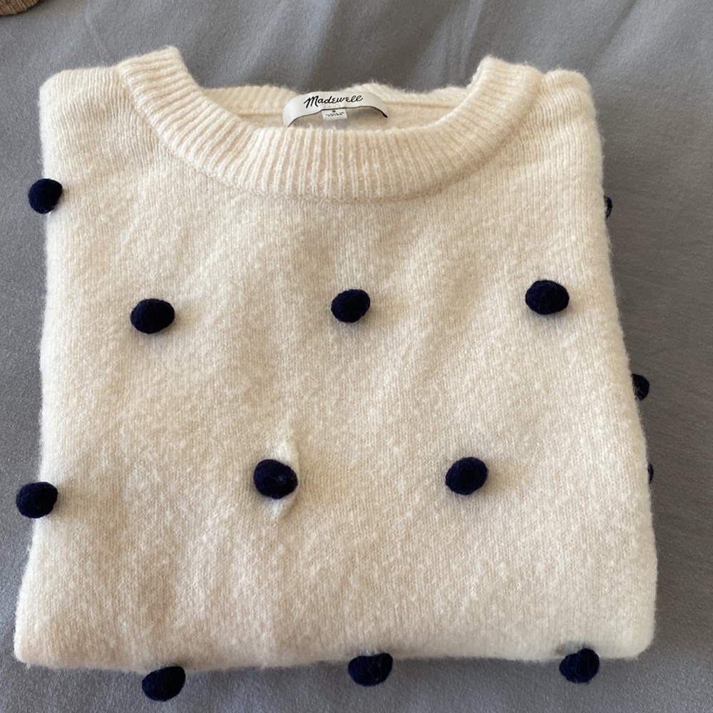 Women’s Madewell Crewneck White Navy Pom Pom Sweater S